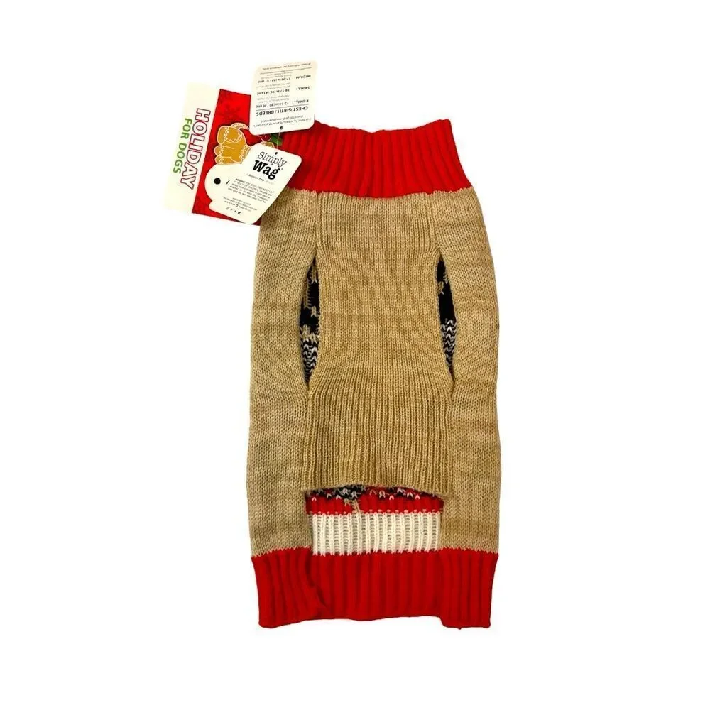 Simply Wag Red and Tan Dog Puppy Deer Holiday Sweater Size Small NWT